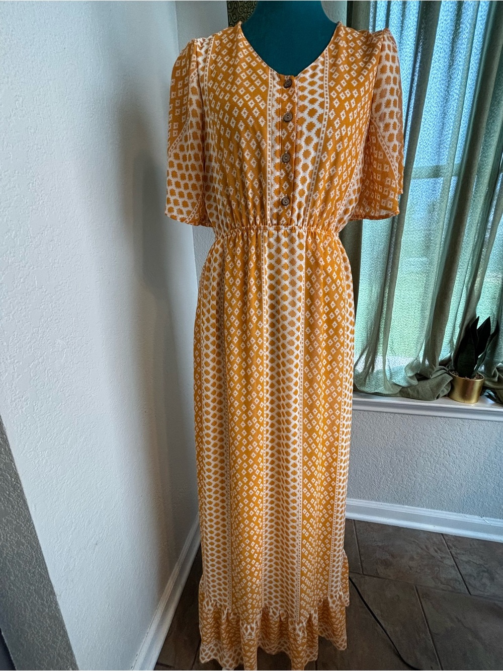 Mustard Yellow Printed Maxi Dress with Button Front whimsy boho,  by Polygram